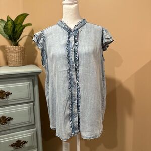 Blue Ruffled Relaxed Blouse with Mandarin Collar